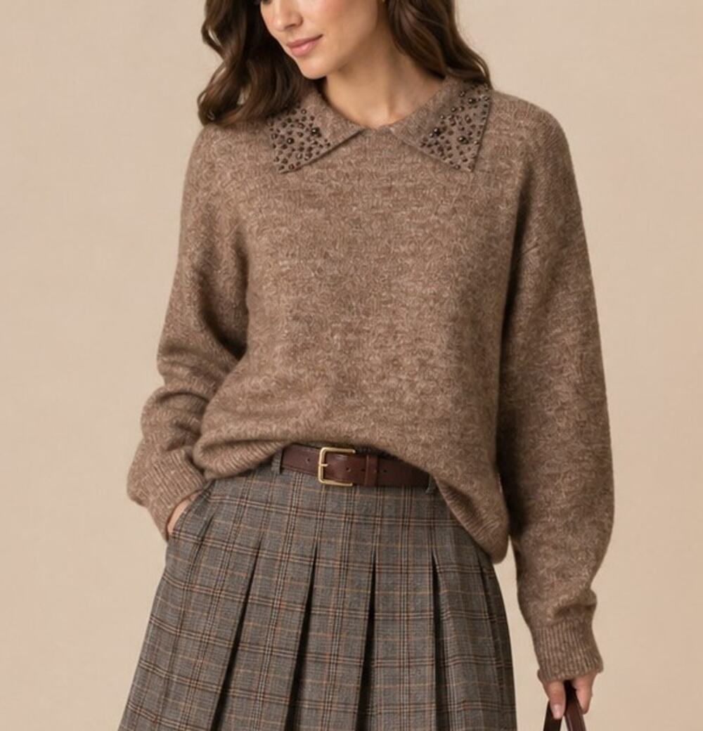 Magaschoni Womens Sailor Collar Beaded Sweater Size S Brown Preppy Academia Fall